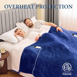 greenoak Heated Blanket Electric Queen Size 84"X90" Dual Control, Heating Blanket with 10 Heat Levels 1/2/4/6/8 Hours Auto-Off Overheat Protection, Soft Sherpa Warm Blanket, ETL Certified Sea Blue