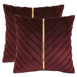 Tosleo Burgundy Velvet Throw Pillow Covers 24x24 inch Pack of 2 with Gold Leather Decorative Couch Pillow Cover Luxury Modern Pillowcases for Living Room Bedroom Sofa Cushion Bed