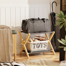 vovala Luggage Rack, Folding Suitcase Stand with Storage Shelf, Premium Bamboo Luggage Holder for Guest Room, Bedroom, Hotel, Closet, Holds up to 135 lb (Natural)