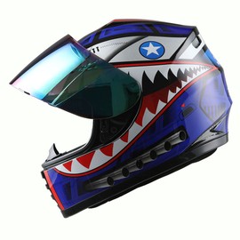 1Storm Youth Kids Motorcycle Full Face Helmet Street Bike BMX MX Shark Blue + MG Youth Glove Bundle