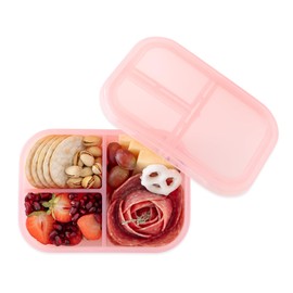 Bumkins Snack/Lunch Bento Box for Kids and Adults, 3 Compartment Container, Leak Proof Lid, for Portioning, Large Section Can Hold Sandwich, Food-Safe LFGB Platinum Silicone, Microwave-Safe, Pink