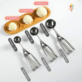 Ice Cream Scoop Stainless Steel Ice Cream Scoop for Fruit 304 Stainless Steel Scoop with Clip Ice Cream Scoop with Trigger for Fruit, Ice Cream Balls, Mashed Potatoes, Dough, Meatballs - 3 Sizes Ice Cream Scoop