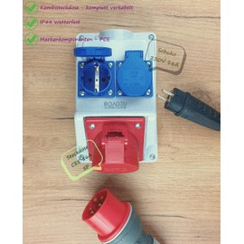 RoadEu Combination Wall Socket 16A 5P with 2x Schuko 230V CEE + Double Sockets, Power Distributor IP44