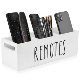 BTBHIHO Wooden Remote Control Holder with 2 Compartments, White TV Remote Storage Organizer with Handles on Both Sides, Nightstand Caddy, Wooden Media Storage Box for TV Controllers Living Room