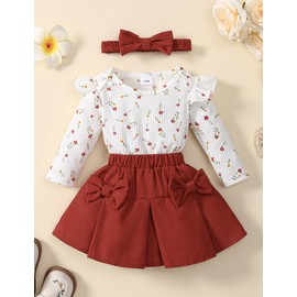 Borlai Newborn Baby Girl Clothing Long Sleeve Floral Ruffle Romper Corduroy Skirt Princess Dress Headband Outfits Set, red