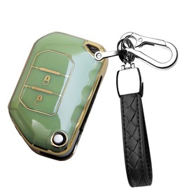 HIBEYO Car Flip Key Fob Cover with Keychain for Jeep Wrangler JL JLU Gladiator 4XE 2018-2021 Key Case Accessories Soft TPU 2 Button Full-Protect Key Shell(Green