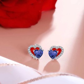 Qings September Birthstone Sapphire Stud Earrings Sterling Silver Dainty Forever Double Heart Red Enamel Blue CZ Gemstone Cubic Zirconia Jewelry Gifts for Girls Wife