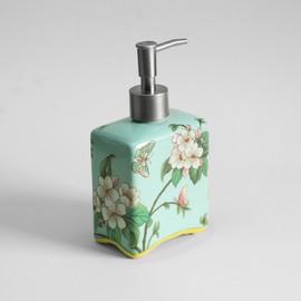 Bicuzat Ceramic Soap Dispenser, Lotion Bottle, Soap Bottle with Removable Pump, Flower Pattern Dispenser for Kitchen Soap, Bathroom Soap, Lotion and Essential Oil-Cyan-13 OZ