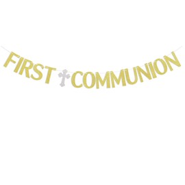First Communion Banner - Christening Baptism Party Decorations, God Bless This Child Decor, First Holy Communion Banner, Baby Baptism Baby Shower Party Decorations Gold Glitter