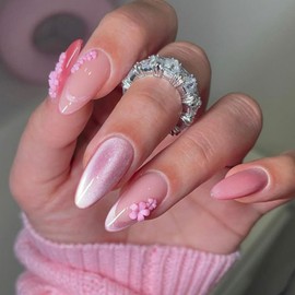 YOSOMMK Pink French Tip Press on Nails Almond Medium Cat Eye Nails Press ons Flower Artificial Fake Nail with Design 24Pcs Full Glossy Glue Stick on False Nail for Women in 12 Sizes