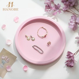 Hanobe Pink Tray Decorative Round: Beaded Perfume Trays Decor for Dresser Circle Vanity Makeup Serving Tray for Ottoman Coffee Table Bathroom Counter