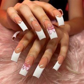 Curved Press on Nails Extra Long Square Fake Nails White French False Nails with Curved Nail Tips Designs Bow Charms Acrylic Nails Nude Pink Full Cover Nail Press ons Stick on Nails for Women 20 Pcs