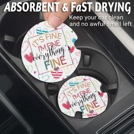 Yonlevres Car Coasters for Cup Holders，2.75" Anti Slip Rubber Mat with A Finger Notch, 2 Pack Car Cup Holder Coasters for Car Interior Accessories for Women Men I'm Fine