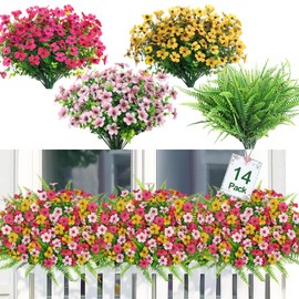 MEIVINES 14 Bundles Artificial Flowers for Outdoors,Colorful Silk Fake Flower with Ferns for Spring Summer Decoration, UV Resistant Artificial Outdoor Faux Plants for Home(Pink Yellow Magenta)