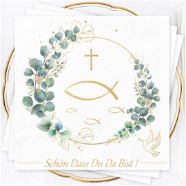Napkins Christening Communion Confirmation Decoration – Pack of 80 3-Ply Napkins Schön Dass Du Da Bist Green Eucalyptus Christening Table Decoration Communion Confirmation 33 x 33 cm Napkins Birthday