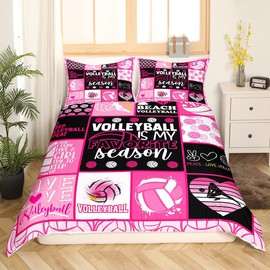Volleyball Duvet Cover Set Queen Size,Geometric Plaid Patchwork Bedding Set 3pcs for Kids Girls Women Room Decor,Ball Sports Themed Comforter Cover Fashion Pink Black Quilt Cover,2 Pillowcases