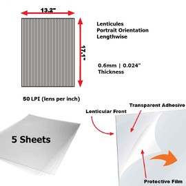 Lenticular Sheet 17"x13" 50LPI Adhesive Back (5 Sheets) Blank Transparent Lenticular Sheet, Portrait, Magic Tricks, 3D/Morph/Zoom/Animation/Flip-Image Printing, Optical Illusion, Invisibility Shield