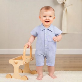 Geagodelia Infant Baby Boy Summer Romper Newborn Baby Boys' Full Length Jumpsuit Short Sleeve Lapel Plaid Print Button-Down Bodysuits for Baby Boy Clothes Outfits (Blue Cyan, 6-12 Months)