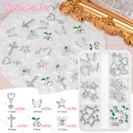 96 Pcs Cross Star Silver Nail Charms Gems, Butterfly Cross Cherry Nail Art Charms, Silver Butterfly Cross Heart Star Nail Gems Charms for Nails Art DIY Supplies