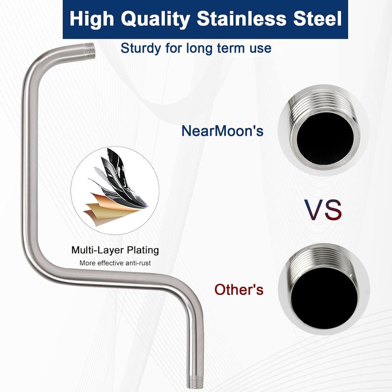 NearMoon S Shape Shower Extension Arm with Flange, Stainless Steel