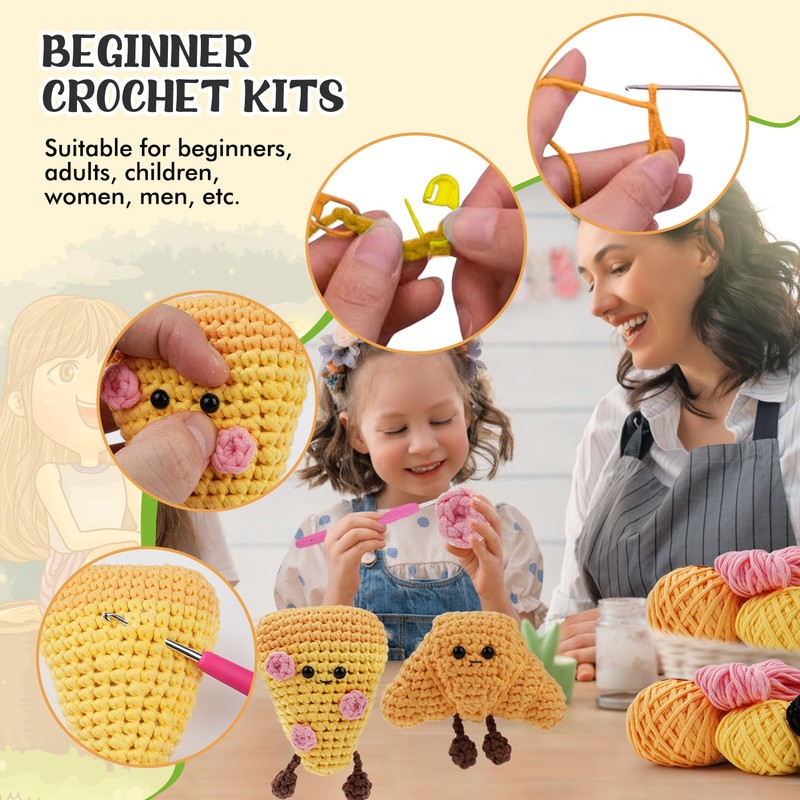 Crochet Kit, Beginner Pizza and Croissant Crochet Kit, Complete Amigurumi