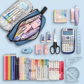 Lonely Oak Large Pencil Case, Extra Big Capacity Aesthetic Pencil Pouch Bag with Smooth Zipper, Cute Pen Case Box with Handle for Kids & Adult(Blue)