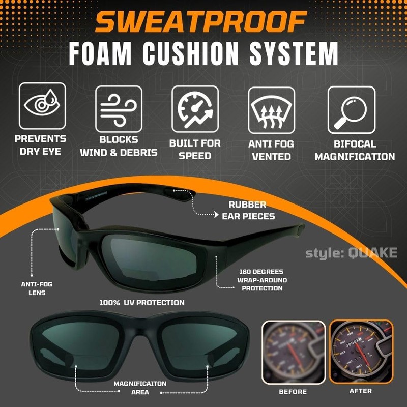 Bikershades Motorcycle Bifocal Sunglasses +1.00 Foam Padded Wind Proof ANSI