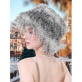 Women's Faux Fur Bucket Hats Winter Fluffy Warm Ladie's Plush Solid Color Fisherman Cap(Black & White Strip)