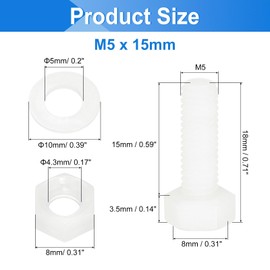 sourcing map 150 Pcs/50 Sets Nylon Hex Bolts, M5 x 15mm Plastic Full Threaded Hex Head Screws Bolts and Nuts with Flat Washers for Machinery Electronics Industrial Accessories, White