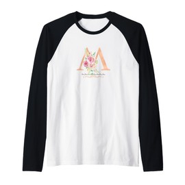 WOMENS LETTER 'M' INITIAL WATERCOLOR DUSTY PINK ROSE FLOWER Raglan Baseball Tee