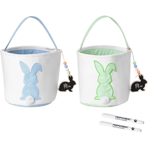 CHOIEO Easter Basket, Bunny Baskets with Pom-Pom Tail, Stripe Pattern,
