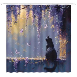 GIXKOXE Purple Flower Shower Curtain Black Cat Butterfly Lilac Wisteria Watercolor Floral Spring Garden Abstract Oil Painting Art Bathroom Decor Curtain Polyester with Hooks
