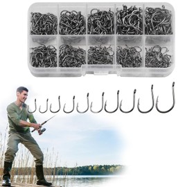 Esshogo 500 Pieces Fishing Hooks Carbon Steel Fishing Hooks with Plastic Box 10 Sizes Hooks with Eye Suitable for Lake River Sea