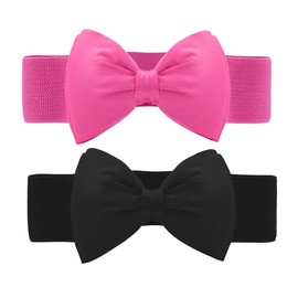sourcing map Women Elastic Belt Wide Stretchy Cute Bowknot Wedding Fuchsia+black Fit Waist:24-32 inches