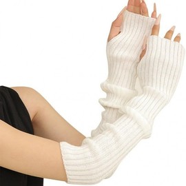 Women's Autumn Winter Acrylic Knit Long Arm Warmer Gloves with Kimono Finger Design Trendy White 10ea