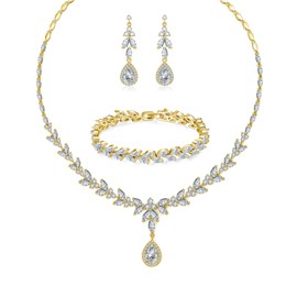 Zolkamery Bridal Jewellery Sets for Women, Bracelet Necklace and Earring Sets with Cubic Zirconia, Gold Plated Sparkle Briolette Jewellery Set, Wedding Set Jewellery for Bride