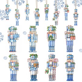 Whaline 24 Pcs Christmas Nutcracker Ornaments Hanging Decoration Blue White Chinoiserie Wooden Hanging Pendants Set with Rope for Xmas Tree Crafts Winter Holiday Party Decor