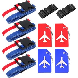 Xummi Pack of 10 Luggage Accessories: 4 Adjustable Luggage Straps, 4 Bright Colored Luggage Tags, 2 Add-a-Bag Straps (Red, White, Blue)