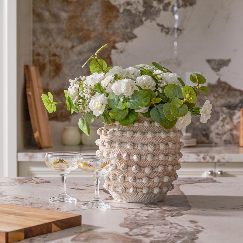DN DECONATION Beige Rustic Farmhouse Vase, 8.2 Inch Textured Boho