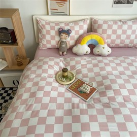 Wellboo Pink White Plaid Comforter Sets Queen Women Men Bean Pink and White Checkerboard Grid Bedding Comforters Cotton Boys Girls Modern Dusty Pink Checkered Geometric Quilts Luxury Abstract Bed