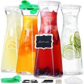 4 Pack 1 Liter Square Glass Water Carafe with 6 Lids and 2 Silicone Pour Spouts! 35 Oz Glass Pitchers for Fridge - Glass Beverage Dispensers for Iced Tea, Beverage, Milk, Cold Brew and Mimosa Bar