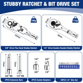 WORKPRO 2-Piece Stubby Handle Ratchet Set with 14 Accessories, 1/4" Dual Socket Short Ratchet Handle with Bit Driver Head, 3/8" Socket Wrench with Flexible Head, Reversible Ratchet 72-Teeth