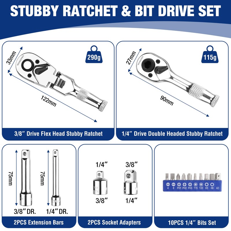 WORKPRO 2-Piece Stubby Handle Ratchet Set with 14 Accessories, 1/4"
