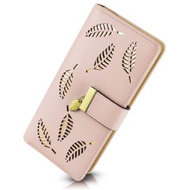 PGXT Women's Wallet Women Credit Card Holder Hollow Leaf Pattern Bifold Leather Lady Long Wallet Purse Zip Birthday Xmas Gifts for Women Girls(Pink)