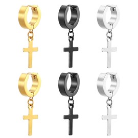 3 Pairs of Creole Cross Hoop Earrings, Stainless Steel Classic Crucifix Earrings, Stud Earrings, Ear Piercing for Men and Women (Black, Silver, Gold)
