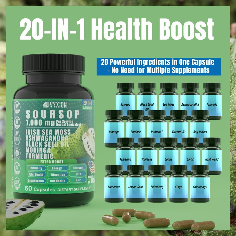 Soursop Graviola Supplement with Sea Moss, Moringa, Turmeric, Black Seed