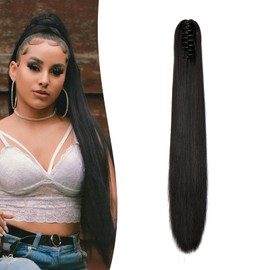 Gairyan Clip in Ponytail Hair Extensions 24 inch Ponytail Extension Long Straight Pony Tails Claw on Ponytail Synthetic Hairpieces for Women Soft Natural Look (Natural Black)