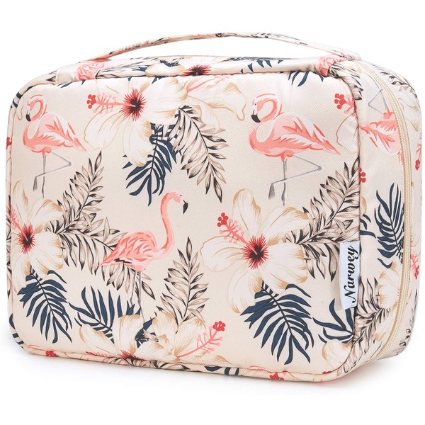 Hanging Travel Toiletry Bag Cosmetic Make up Organizer for Women and Girls Waterproof (Beige Flamingo)