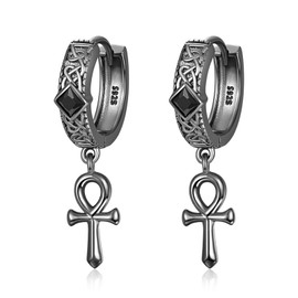 Ankh Cross Hoop Earrings Sterling Silver Black Ankh Hoop Huggie Earrings Ankh Egyptian Ancient Hoop Earrings Jewelry for Men Women