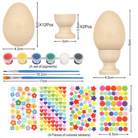 Sprinlot Pack of 12 Wooden Easter Eggs for Painting, Easter Eggs Decorative Eggs Wood with 2 Wooden Egg Cups, Easter Egg Colouring with Painting Set Stickers, DIY Easter Craft Set for Decoration Gift